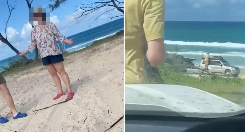 Left, the woman arguing with Harry on the sand. Right, the woman's bogged car on K'gari. 