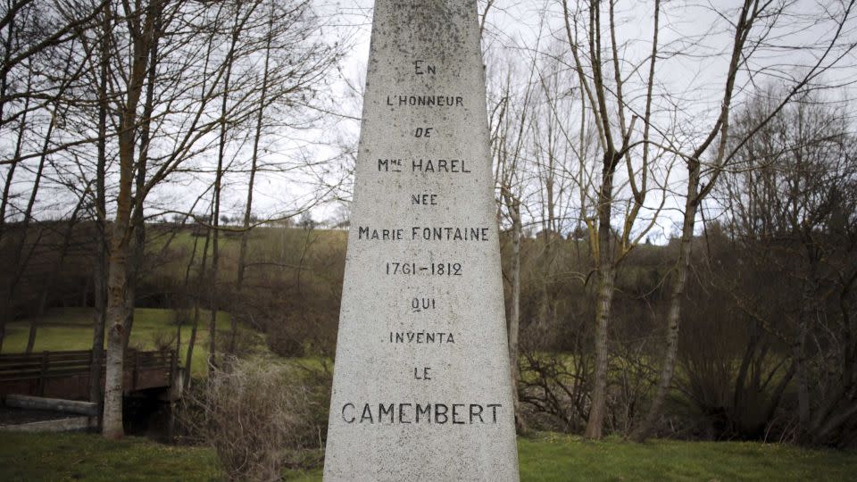 A memorial in honor of Marie Harel, a farmer from the French northwestern village of Camembert.  There is also a statue commemorating Harel in the Norman town of Vimoutiers.  - Charly Triballeau/AFP/Getty Images/File