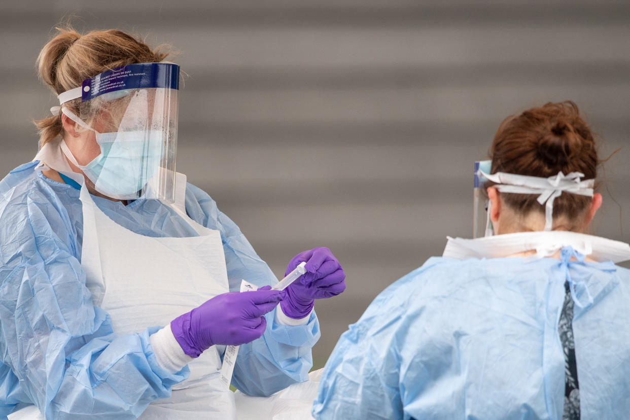 NHS staff carry out Coronavirus tests at a testing facility in Bracebridge Heath, Lincoln, as the UK continues in lockdown to help curb the spread of the coronavirus.