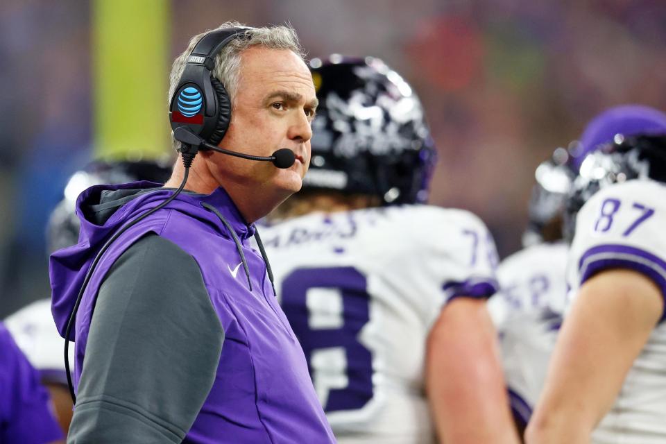 Jan 9, 2023; Inglewood, CA, USA; TCU Horned Frogs head coach Sonny Dykes looks on against the Georgia Bulldogs during the first quarter of the CFP national championship game at SoFi Stadium.