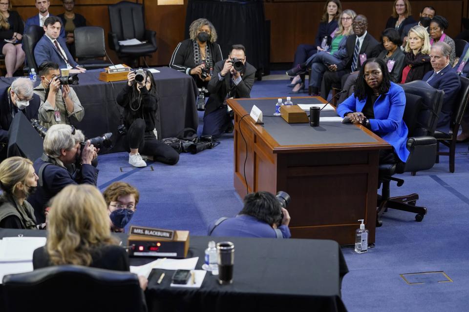 Supreme Court nominee Judge Ketanji Brown Jackson listens as she is asked a question from Sen. Marsha Blackburn, R-Tenn., front left, during her testimony before the Senate Judiciary Committee in Washington, March 23. (AP Photo/Susan Walsh)