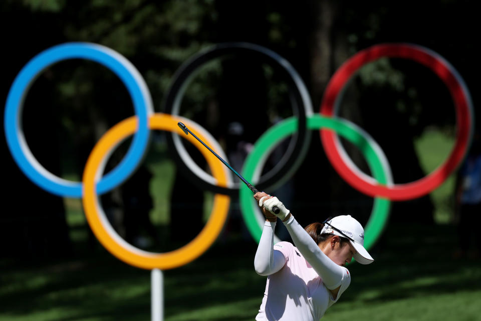 <p>Mone Inami of Team Japan plays her shot from the 16th tee during the second round of the Women's Individual Stroke Play on day thirteen of the Tokyo 2020 Olympic Games at Kasumigaseki Country Club on August 05, 2021 in Kawagoe, Japan. (Photo by Chris Trotman/Getty Images)</p> 