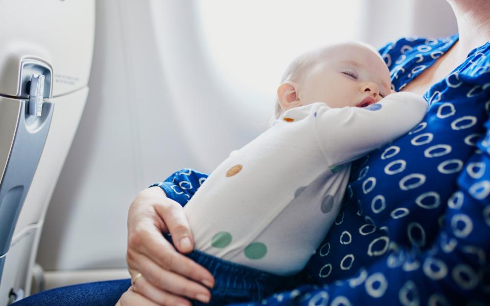 Woman with little girl travelling by plane