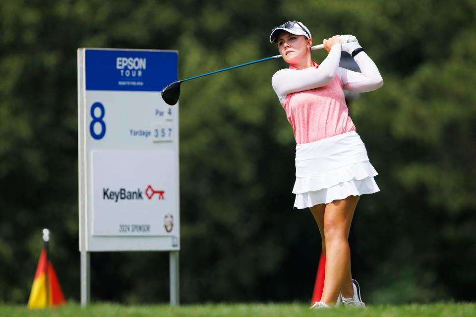 Lauren Beaudreau takes her tee shot for the 8th hole during the first round of the Epson Tour's Four Winds Invitational at South Bend Country Club on Friday, Aug. 30, 2024, in South Bend.