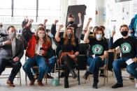 Members react during Starbucks union vote in Buffalo, New York