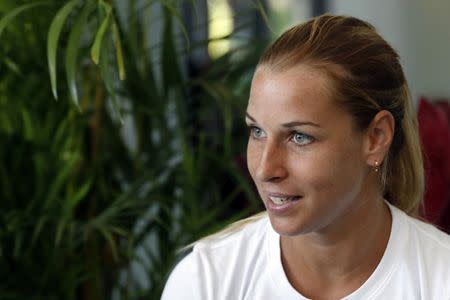 Mar 21, 2017; Miami, FL, USA; Dominika Cibulkova of Slovakia speaks with the media on day one of the 2017 Miami Open at Crandon Park Tennis Center. Mandatory Credit: Geoff Burke-USA TODAY Sports