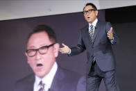 Akio Toyoda, president of Toyota Motor Corp., speaks during Toyota's presentation of the media preview of the Tokyo Motor Show Wednesday, Oct. 23, 2019, in Tokyo. (AP Photo/Kiichiro Sato)