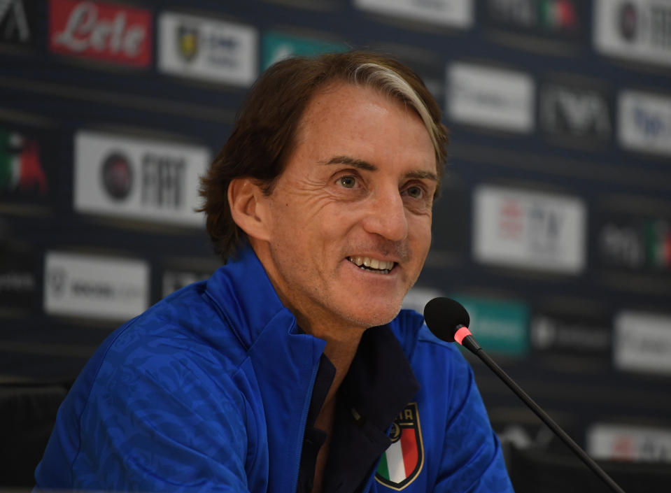 FLORENCE, ITALY - JUNE 03: Head coach Italy Roberto Mancini speaks with the media during a press conference at Centro Tecnico Federale di Coverciano on June 03, 2022 in Florence, Italy. (Photo by Claudio Villa/Getty Images)