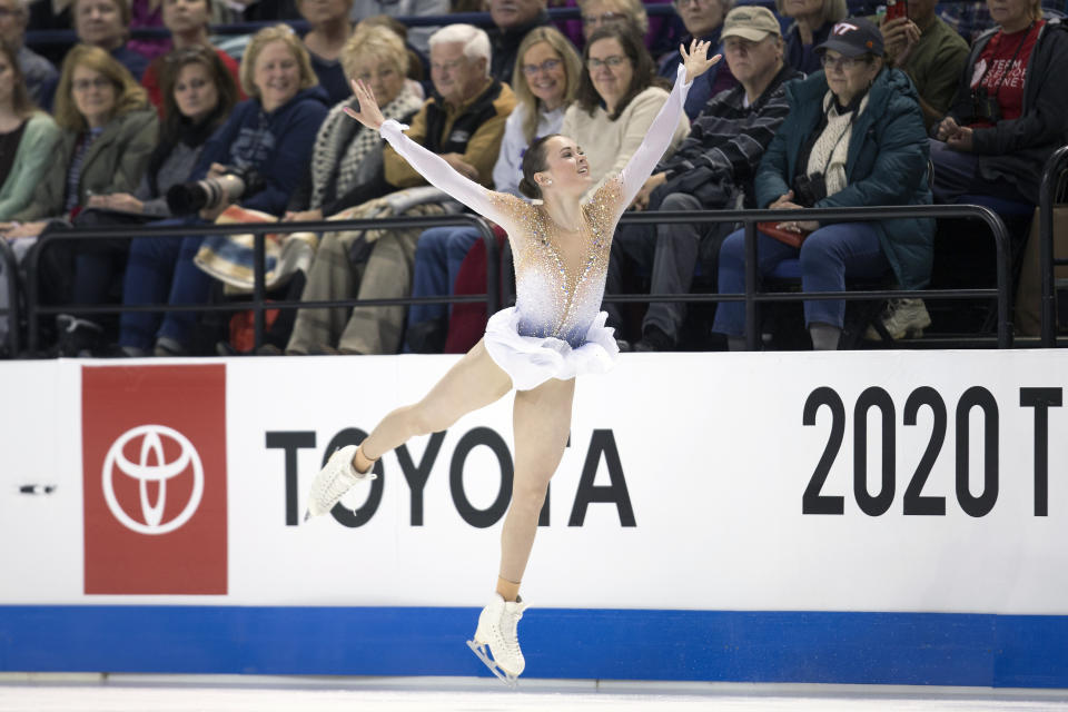 FILE - In this Jan. 24, 2020, file photo, Mariah Bell performs her senior women's free skate program at the U.S. Figure Skating Championships, Friday, Jan. 24, 2020, in Greensboro, N.C. When U.S. skaters and a few foreigners training in this country kick off the season at Skate America this weekend, it could be a rare opportunity to display their wares. So they will relish the chance to get on the ice for competition, knowing that two Grand Prix series events and the Grand Prix Final have been canceled due to the coronavirus pandemic, and prospects of national and word championships being held are uncertain.(AP Photo/Lynn Hey, File)