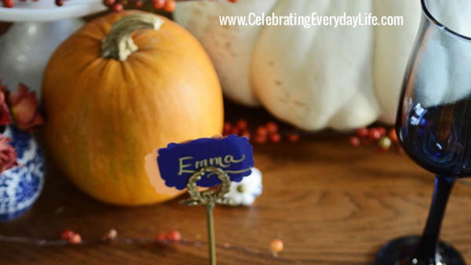 blue and orange thanksgiving table setting