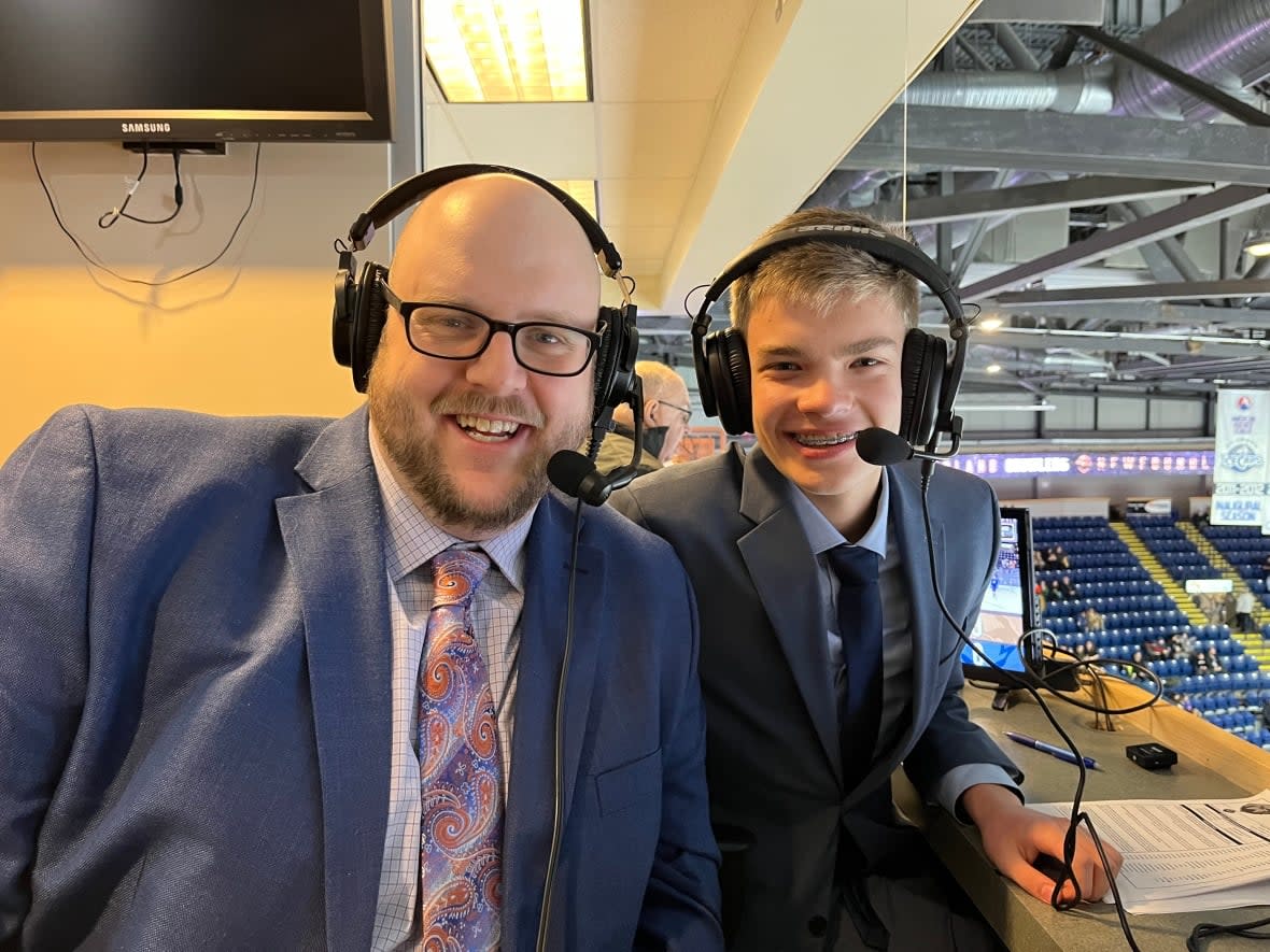 Chris Ballard, left, has been mentoring Seth Hyde, right, for a couple of years. The invitation to join Ballard as a commentator for the Newfoundland Growlers, they say, had been in the works for a while. (Henrike Wilhelm/CBC - image credit)