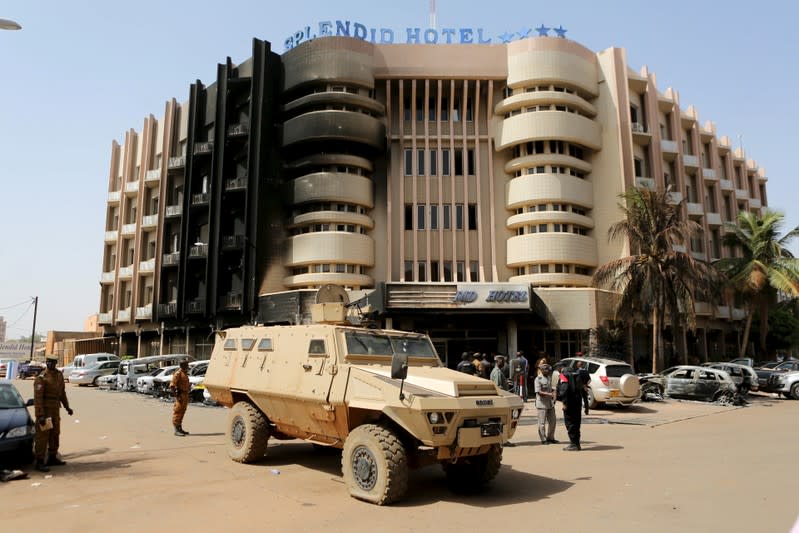 FILE PHOTO: Soldiers secure the area in front of Splendid Hotel in Ouagadougou