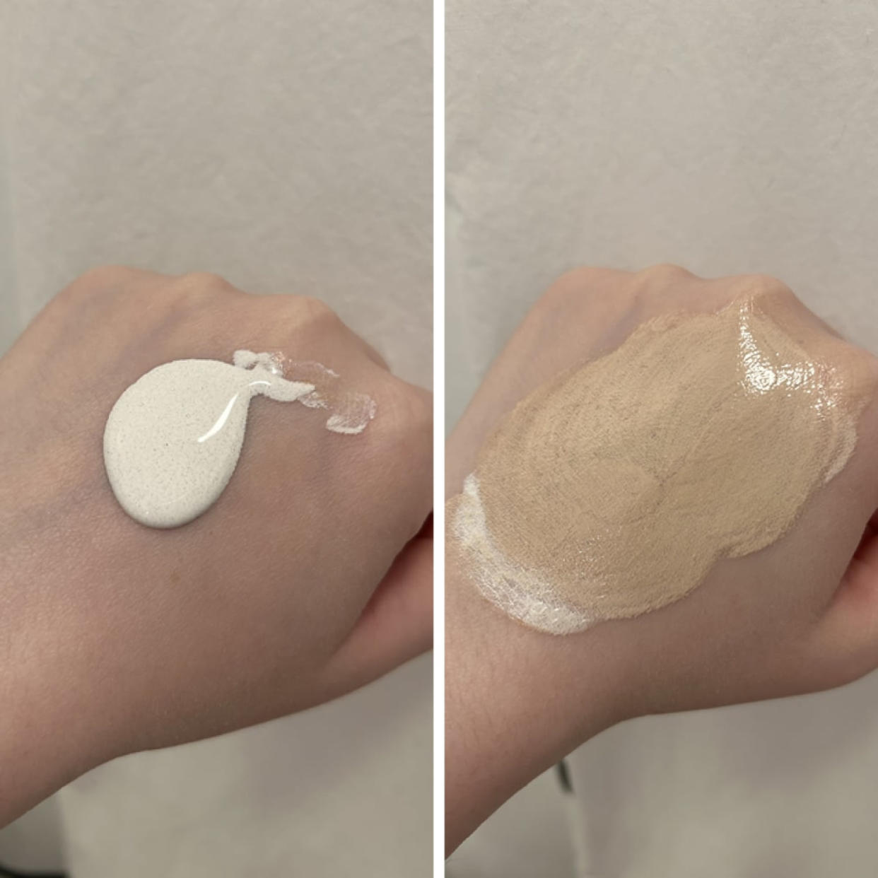 Colorescience’s Sunforgettable Total Protection Face Shield Flex SPF 50 comes out white (left), but it adjusts to your skin tone as it’s rubbed in (right). (Courtesy Lindsay Schneider, NBC Select commerce editor)