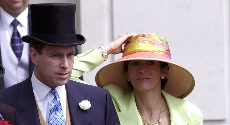 ASCOT, UNITED KINGDOM - JUNE 22:  Royal Ascot Race Meeting Thursday - Ladies Day. Prince Andrew, Duke Of York and Ghislaine Maxwell At Ascot. With them are Edward (far left) and Caroline Stanley (far right), the Earl and Countess of Derby. (Photo by Tim Graham Photo Library via Getty Images)