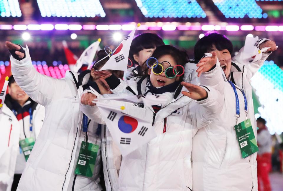 <p>Pyeongchang 2018 Winter Olympics – Closing ceremony – Pyeongchang Olympic Stadium – Pyeongchang, South Korea – February 25, 2018 – The delegation of the unified Korea team during the closing ceremony. REUTERS/Lucy Nicholson </p>