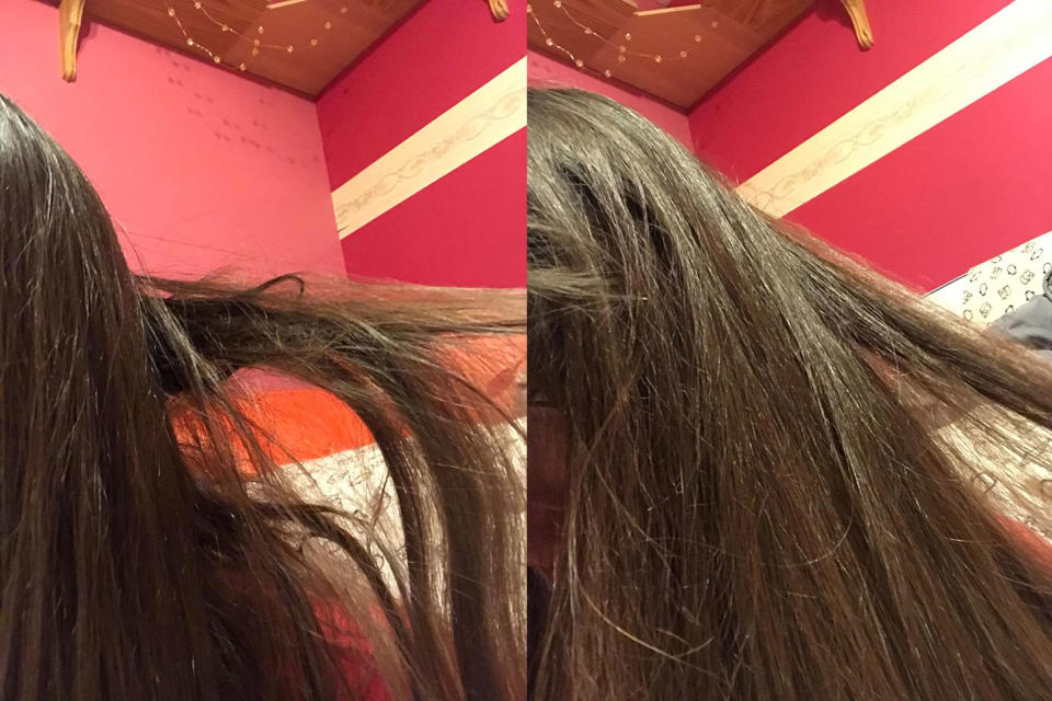 A reviewer's matted hair before/after brushing out