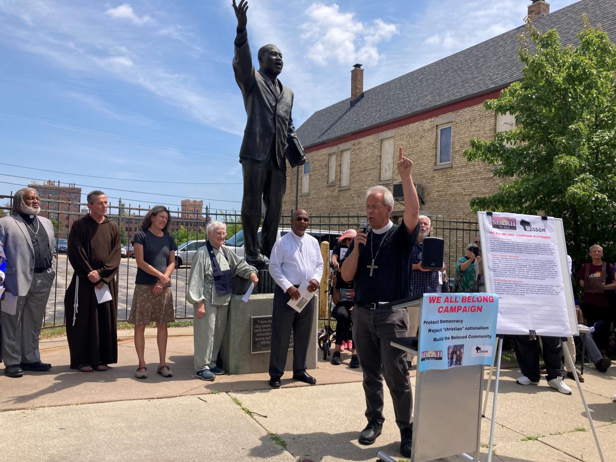 The Rev. Paul Erickson, bishop of the Greater Milwaukee Synod of the ELCA, speaks Thursday at a rally launching the "We All Belong" campaign to reject Christian nationalism. Behind him, from left, are the Rev. Greg Lewis of Souls to the Polls, the Rev. Mike Bertram of St. Francis of Assisi Catholic Church, Rabbi Michal Woll of Congregation Shir Hadash, Tonen O'Connor of the Milwaukee Zen Center, and the Rev. Richard Shaw of St. Matthew C.M.E. Church.