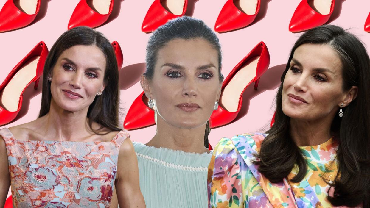 three images of letizia over red high heel backdrop