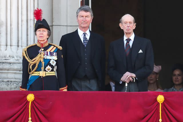 <p>John Rainford / SplashNews.com</p> Princess Anne, Vice Admiral Sir Timothy Laurence and Prince Edward, Duke of Kent stand on the balcony of Buckingham Palace at Trooping the Colour on June 15, 2024, with Lady Gabriella Windsor and Sophie Winkleman behind.