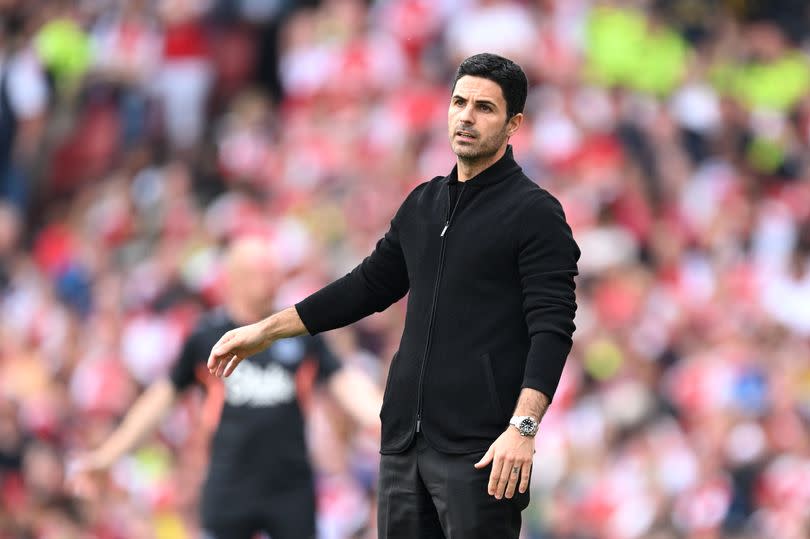 Mikel Arteta, Manager of Arsenal, looks on during the Premier League match between Arsenal FC and Everton FC at Emirates Stadium on May 19, 2024 in London, England.