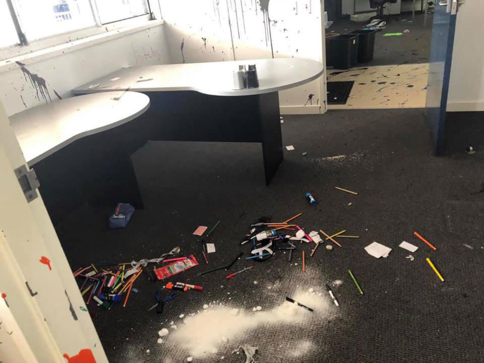 Stationary strewn on the floor. The school said carpet has been replaced. Source: Facebook/ Meridan State College