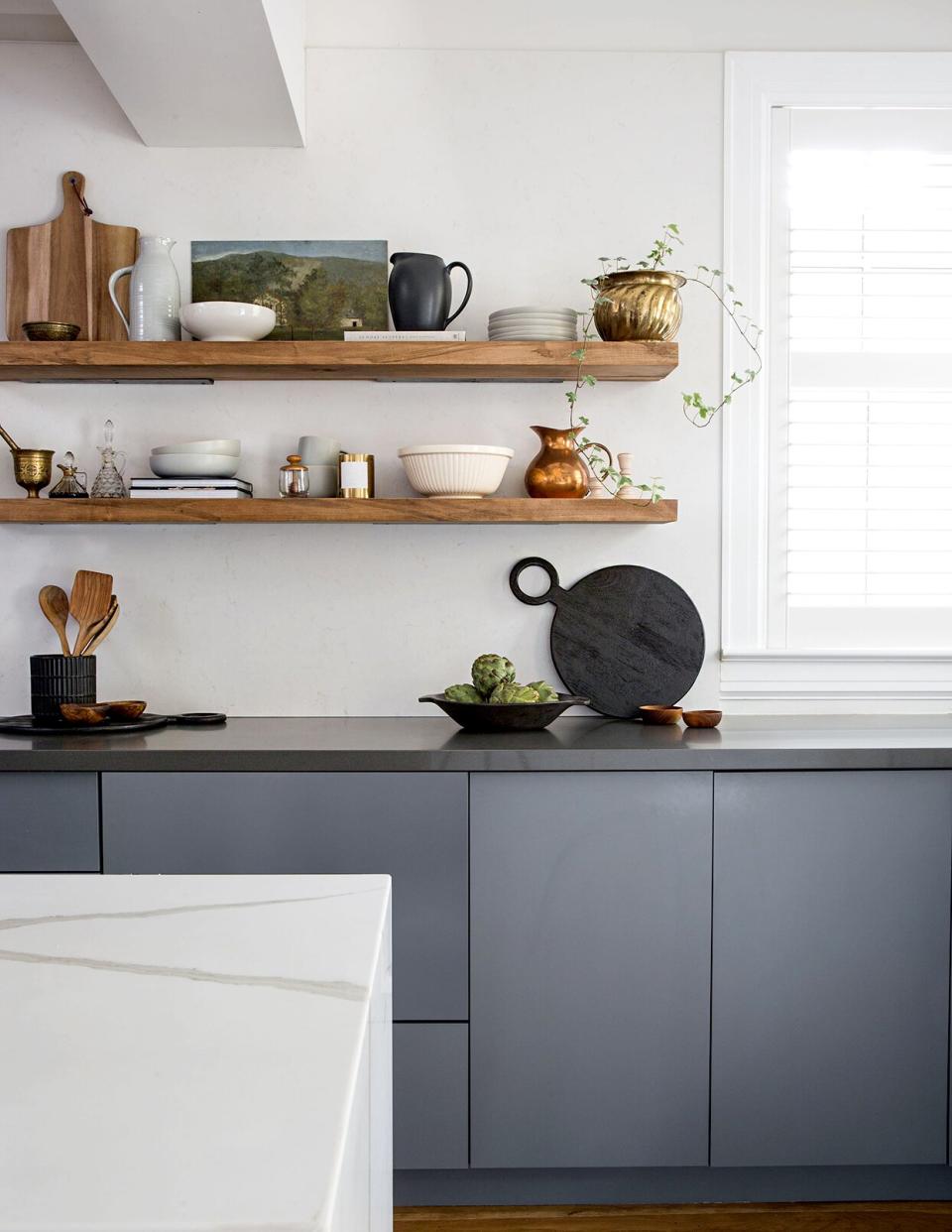 Wooden floating shelves in kitchen