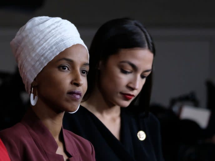 <p>Ilhan Omar and Alexandria Ocasio-Cortez </p> (Getty Images)