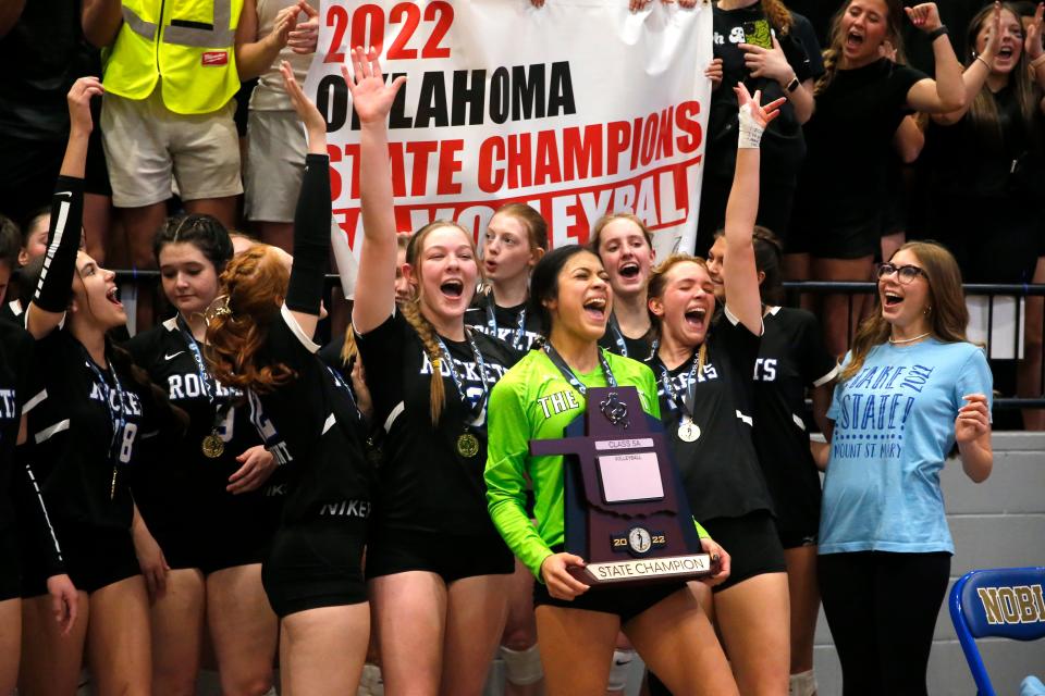 Mount St. Mary celebrates after beating Bishop McGuinness last year for the Class 5A volleyball state championship.