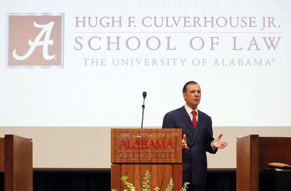 FILE - In this Sept. 20, 2018, file photo, Hugh F. Culverhouse Jr., who pledged a $26.5 million donation to the University of Alabama law school, speaks during an event in Tuscaloosa, Ala. The University of Alabama released a selection of emails Sunday, June 9, 2019. showing its relationship soured with Culverhouse long before he called on students to boycott enrolling at the school over the state’s hardline anti-abortion legislation. (Gary Cosby Jr./The Tuscaloosa News via AP, File)