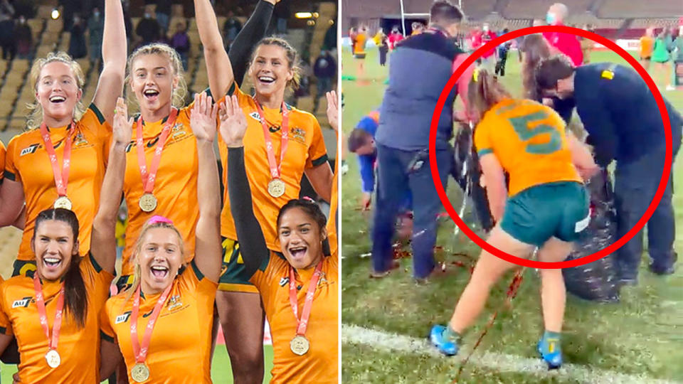 Seen left, Australia's victorious women's side help clean up after winning the Seville Sevens.