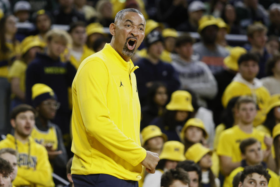 Michigan head coach Juwan Howard shouts at an official during the first half of an NCAA college basketball game against the Michigan State Saturday, Feb. 17, 2024, in Ann Arbor, Mich. (AP Photo/Duane Burleson)