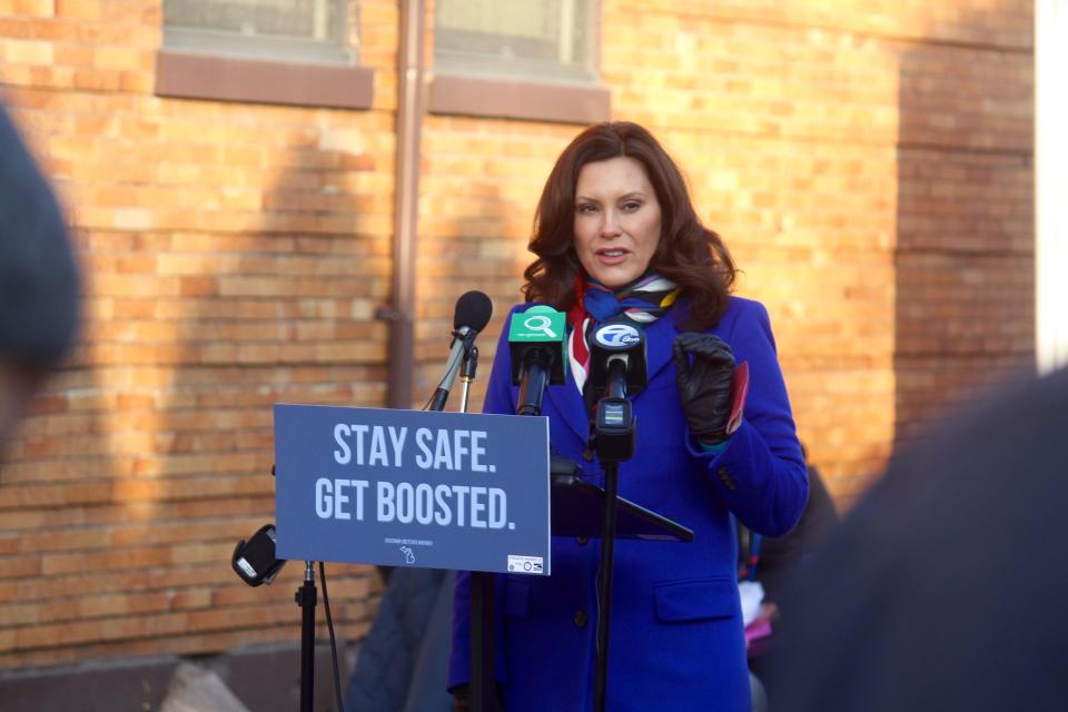 Michigan Gov. Gretchen Whitmer speaks during an update on the state's situation with the COVID-19 pandemic on Tuesday, Dec. 21, 2021, outside the Hispanic Center of West Michigan in Grand Rapids, Mich. On Friday, Jan. 7, 2022, Whitmer and other state officials participated in a roundtable discussion with community leaders from rural areas throughout Michigan.