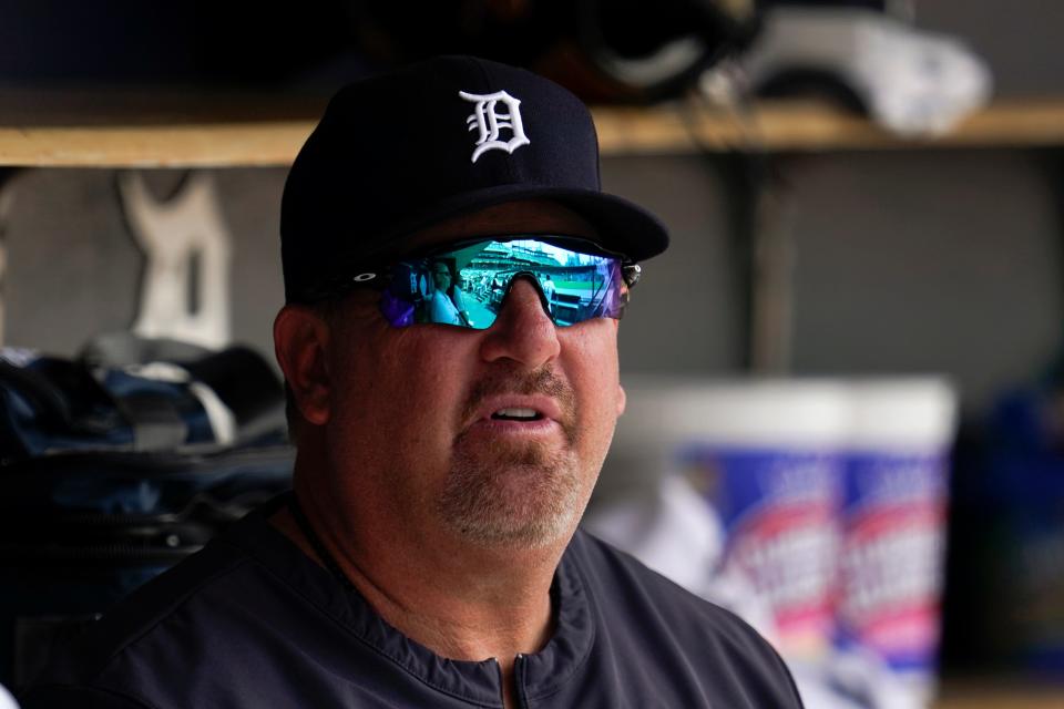 Tigers hitting coach Scott Coolbaugh watches against the Athletics in the first inning in Detroit, Thursday, May 12, 2022.