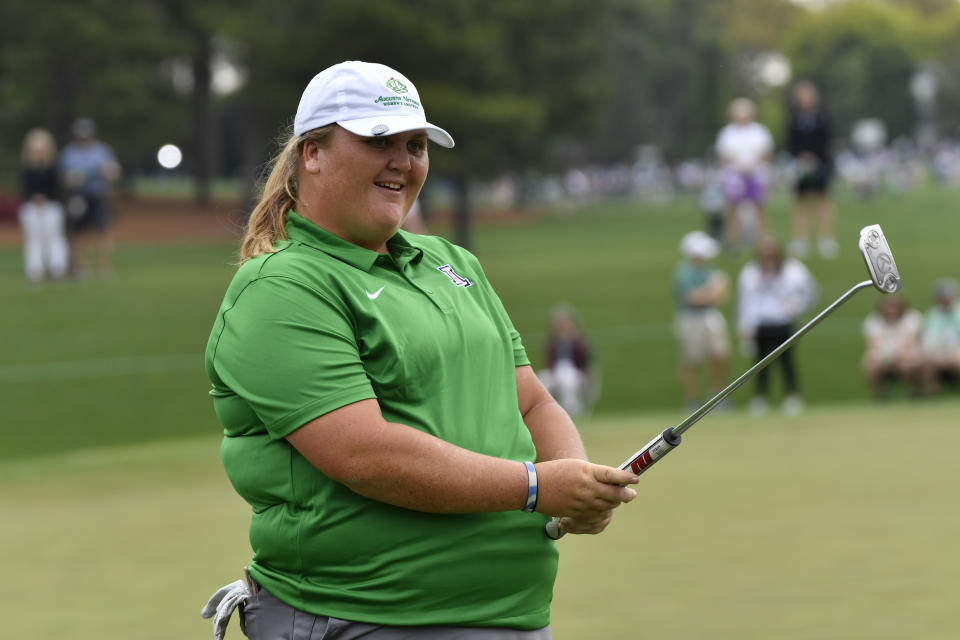 Haley Moore from California reacts to her putt at the second green during the final round of the Augusta National Women's Amateur golf tournament at Augusta National GC. Mandatory Credit: Michael Madrid-USA TODAY Sports