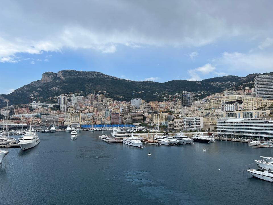 A marina filled with yachts in the harbor of Monte Carlo, Monaco.