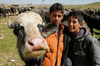 Displaced Iraqi farmers from Badush, northwest of Mosul, who fled their village and later returned to retrieve their buffaloes as the battle against Islamic State's fighters continues in Mosul, Iraq, March 25, 2017. REUTERS/Youssef Boudlal