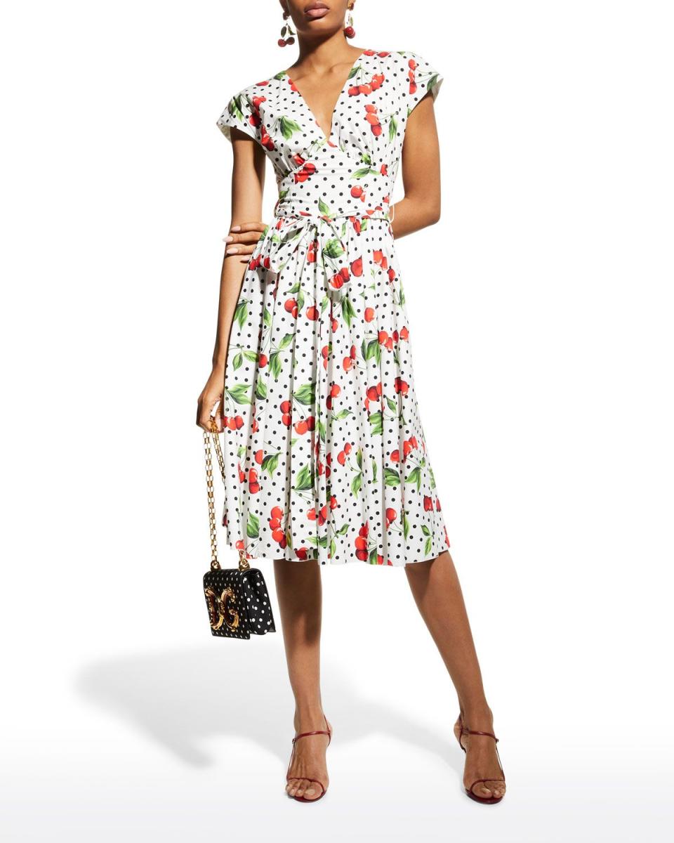 Evase Polka-Dot Cherry-Print Poplin Dress