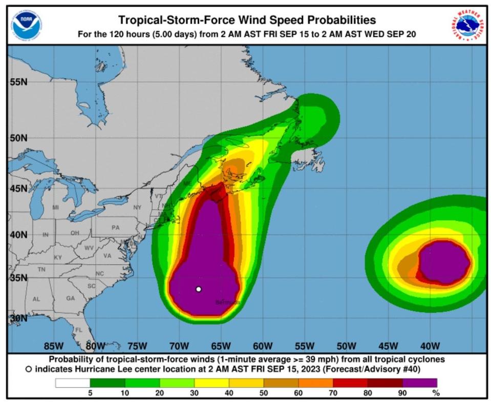 The graphic from the National Hurricane Center shows the probability of tropical-storm-force winds, 39 mph or greater, from Hurricane Lee.