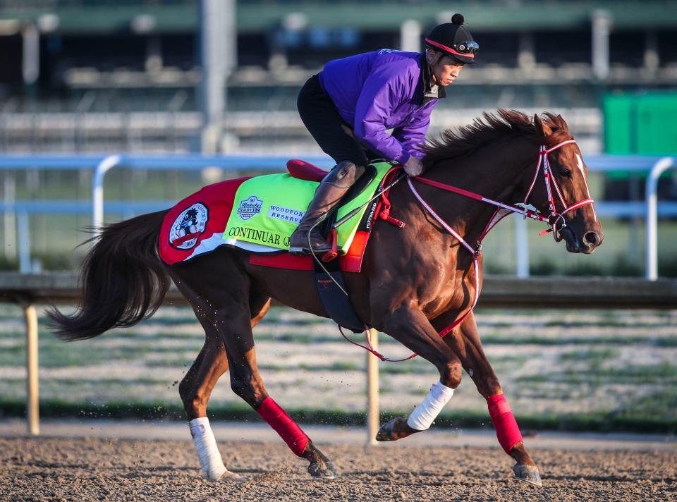 Kentucky Derby contender Continuar during a workout at Churchill Downs on Monday morning, April 24, 2023 in Louisville, Ky. The trainer is Yoshito Yahagi.