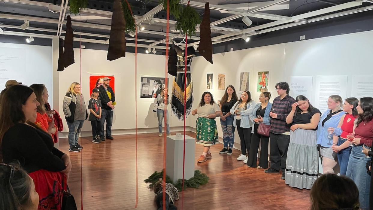 Vernissage: Living Perspectives, an art exhibit of selected works from 20 Indigenous students in Dawson College's Journeys program, opened last Friday and will run until May 18.  (Vanna Blacksmith/CBC - image credit)