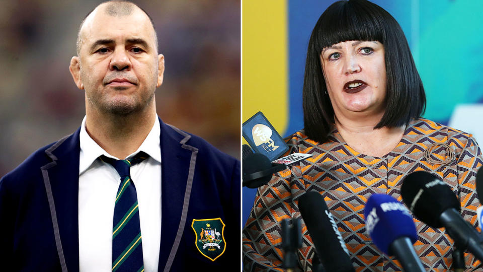 Michael Cheika and Raelene Castle, pictured here in their roles with Rugby Australia.