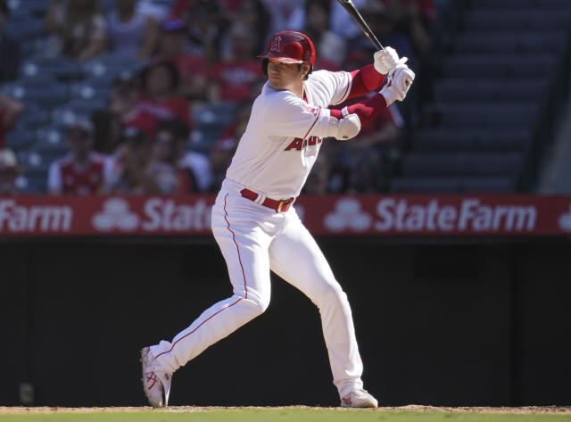 Los Angeles Angels' Shohei Ohtani is shown in western garb during his  as-bat as the Angels celebrate their Country Weekend promotion during the  first inning of a baseball game against the Minnesota