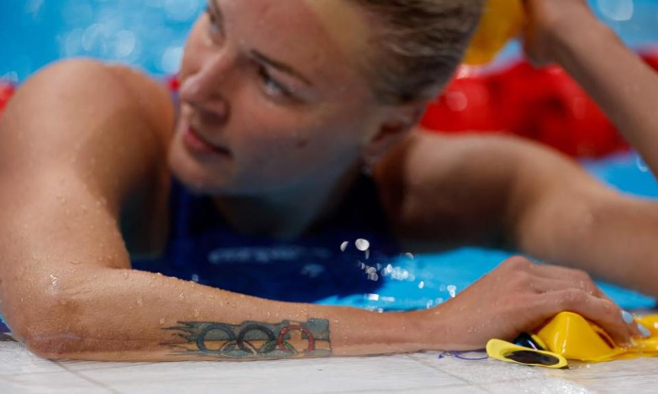 Sweden’s Sarah Sjoestroem and her tattoo after the women’s 100m butterfly semi-final.