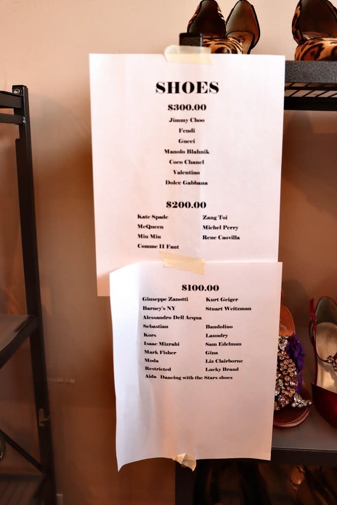 Price list for expensive designer shoes in Kirstie Alley’s collection. Landon Aldo Paci/MEGA for NY Post