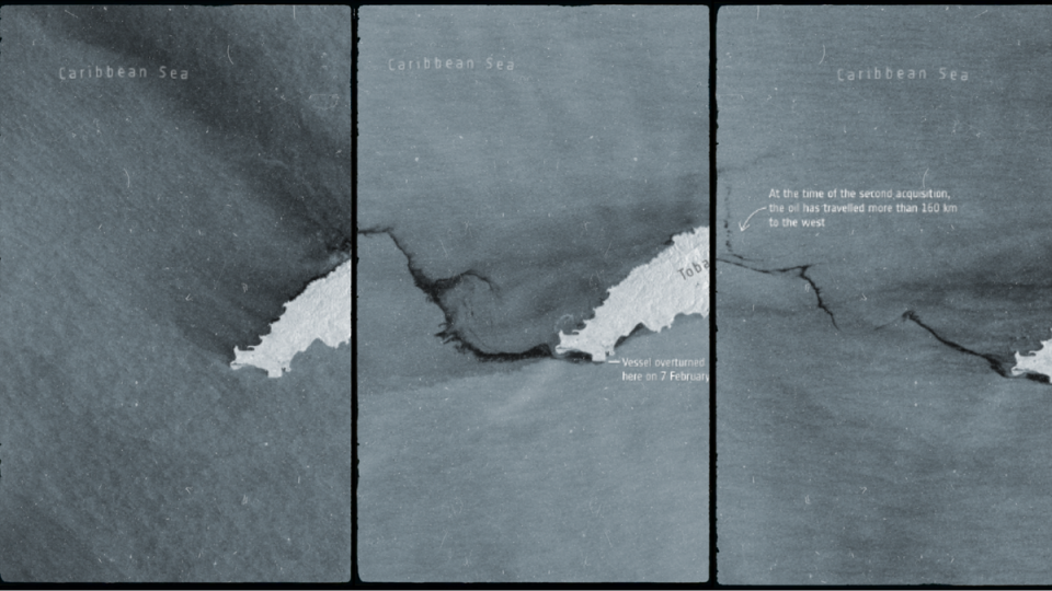 Photo on the left shows Tobago’s shore before oil spill on 7 February, with the other two photos showing the black slick visible on 7 and 14 February (European Space Agency)