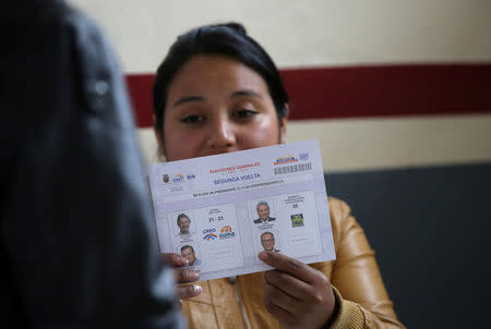 An electoral worker holds up a ballot paper at a school used as a polling station during the presidential election, in Quito, Ecuador April 2, 2017. The writing on the paper reads "General elections, Second Round, One President and One Vice President are elected." REUTERS/Mariana Bazo