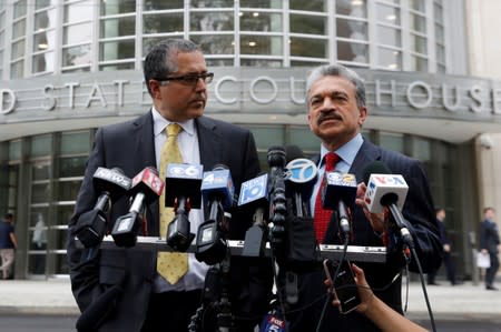 Marc Agnifilo and Paul DerOhannesian, legal councils representing Keith Raniere, speak to the media after the guilty verdicts in the sex trafficking and racketeering case against Nxivm cult founder Keith Raniere were announced at the Brooklyn Federal Court