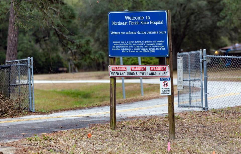 A road sign welcomes visitors to Northeast Florida State Hospital, where two mental patients were killed in the last few years by fellow patients with violent criminal backgrounds. The attackers were placed there because of a shortage of beds in the state’s forensic hospitals.