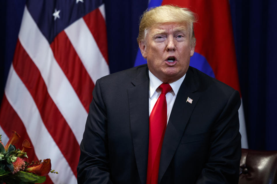 President Donald Trump speaks during a meeting with South Korean President Moon Jae-In at the Lotte New York Palace hotel during the United Nations General Assembly, Monday, Sept. 24, 2018, in New York. (AP Photo/Evan Vucci)