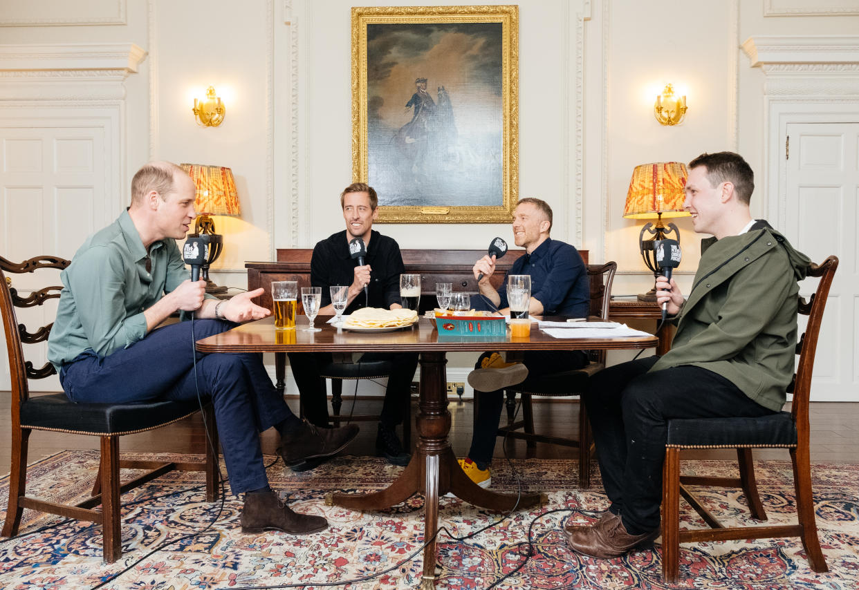 Undated handout photo issued by Kensington Palace of (left to right) the Duke of Cambridge, Peter Crouch, Tom Fordyce and Chris Stark during the first part of a recording of an episode of BBC Radio Five Live's That Peter Crouch Podcast in March. William has joked about warding off a schoolboy football opponent by getting a protection officer to pose as a mock sniper.